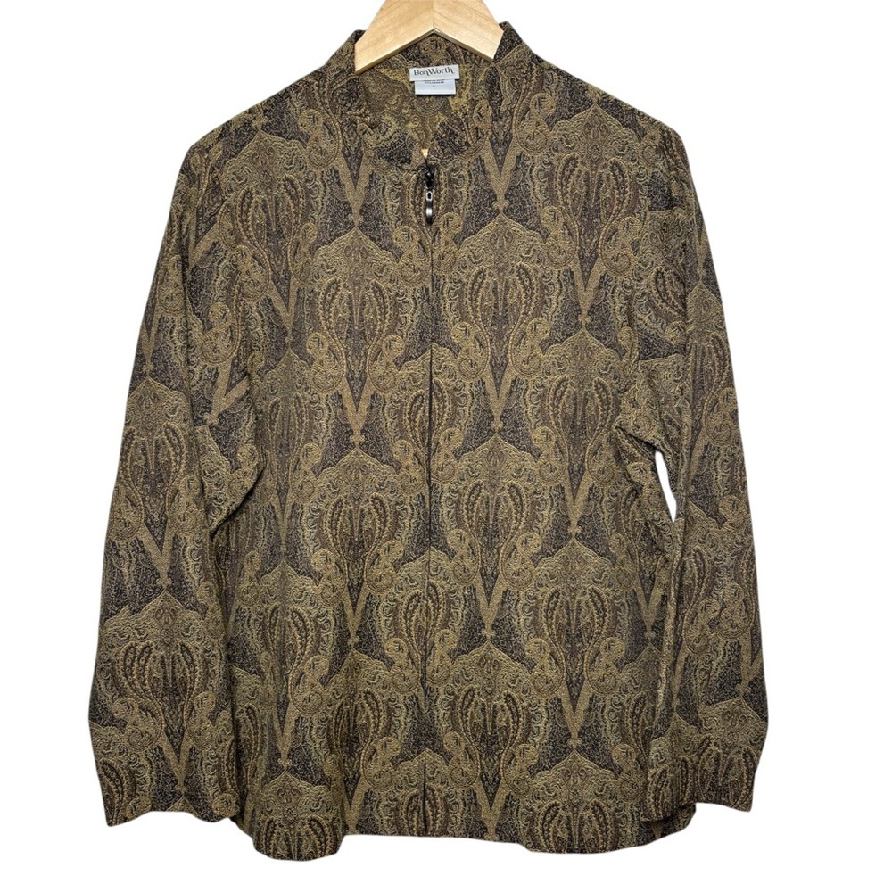 BonWorth Tapestry Jacket Women's Large Full Zipper Brown Paisley Jacquard Granny